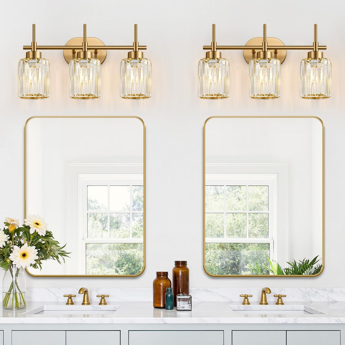 Meybiok Modern Crystal Bathroom Vanity Light - 3-Light Brushed Gold | Over Mirror