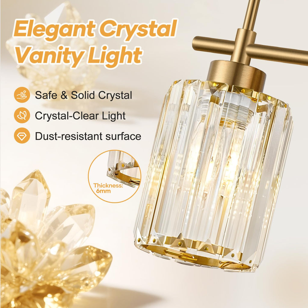Meybiok Modern Crystal Bathroom Vanity Light - 3-Light Brushed Gold | Over Mirror