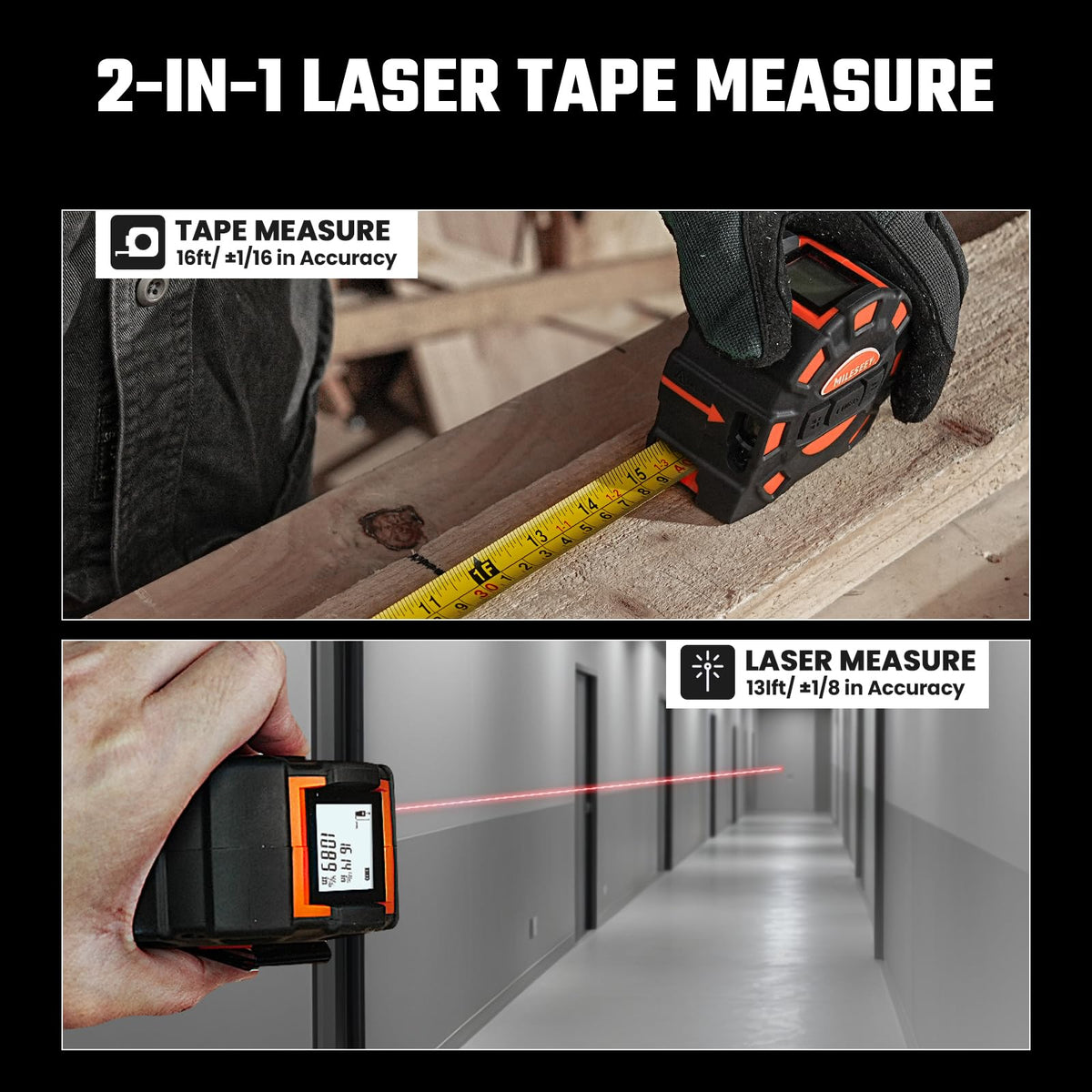 MiLESEEY 2-in-1 Laser Measuring Tape: 16 Ft Tape + 131 Ft Laser, USB-C, Backlit Display, 20-Group Memory