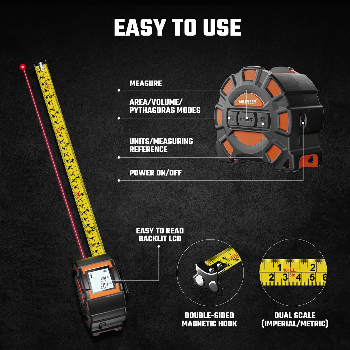 MiLESEEY 2-in-1 Laser Measuring Tape: 16 Ft Tape + 131 Ft Laser, USB-C, Backlit Display, 20-Group Memory