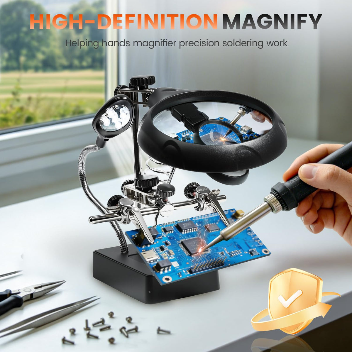 mlogiroa Desktop LED Magnifier Station — 2.5X to 10X with Adjustable Helping Hands