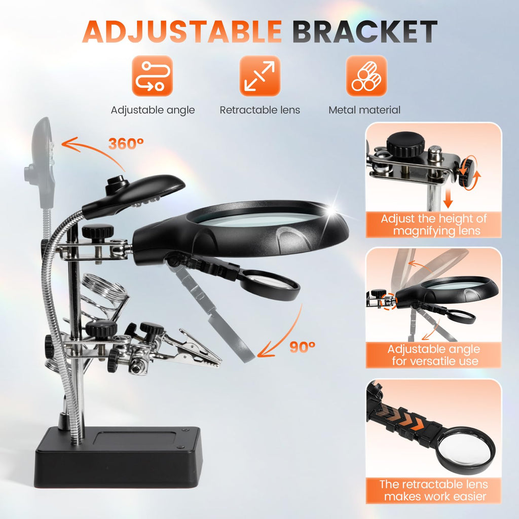 mlogiroa Desktop LED Magnifier Station — 2.5X to 10X with Adjustable Helping Hands
