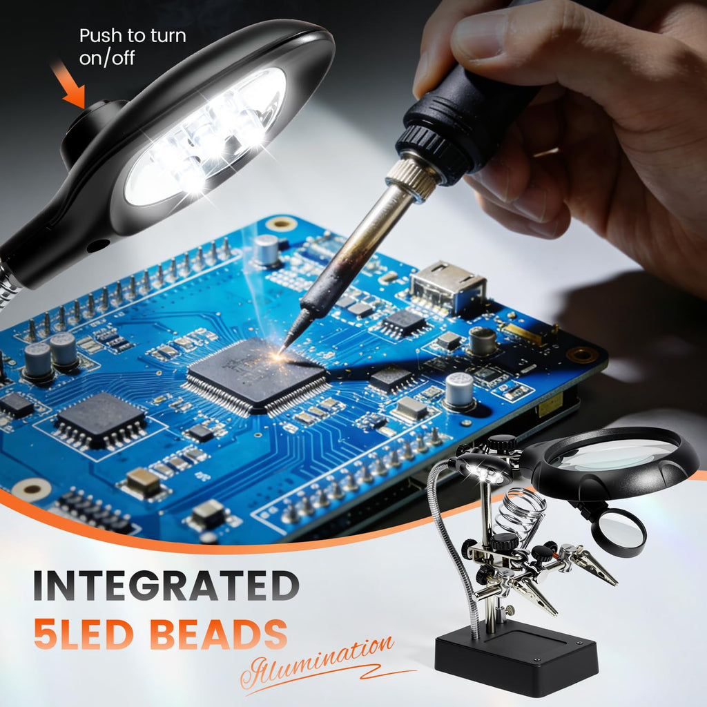 mlogiroa Desktop LED Magnifier Station — 2.5X to 10X with Adjustable Helping Hands