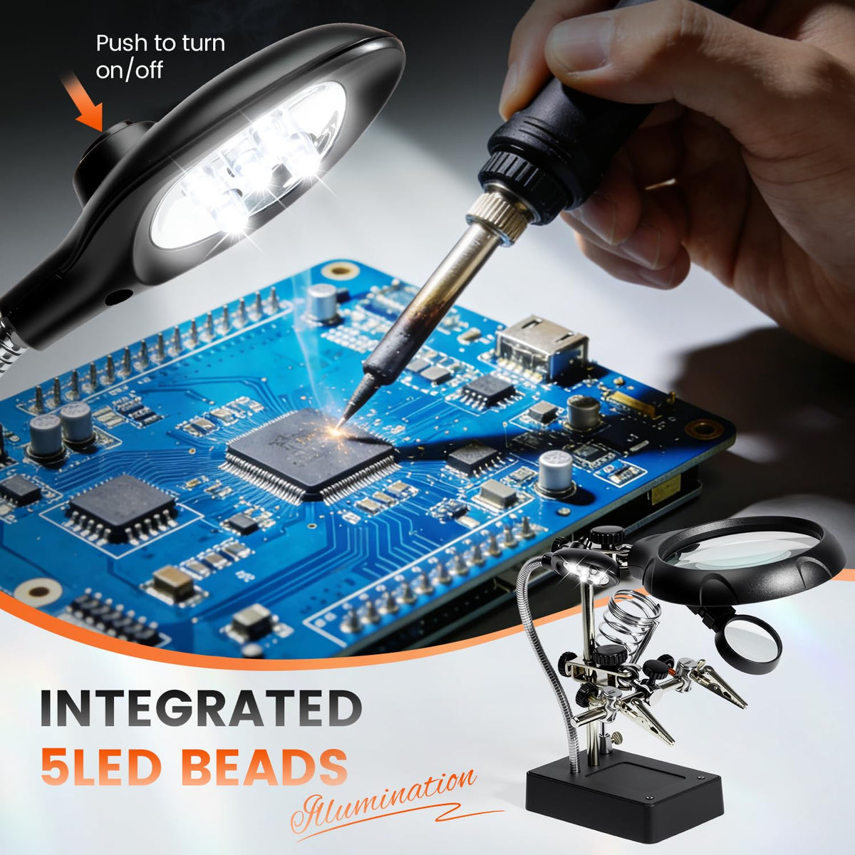 mlogiroa Desktop LED Magnifier Station — 2.5X to 10X with Adjustable Helping Hands