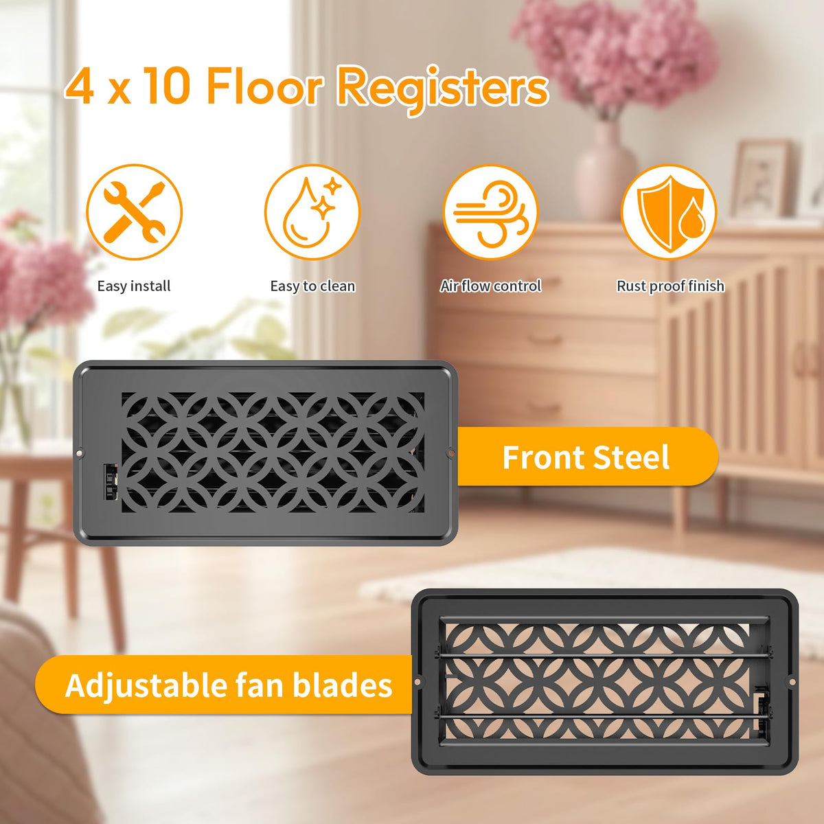 MMFSF 2 Pack Floor Vent Covers - Adjustable Decorative Floor Register 4x10, Heavy-Duty Steel, Rust-Proof Black