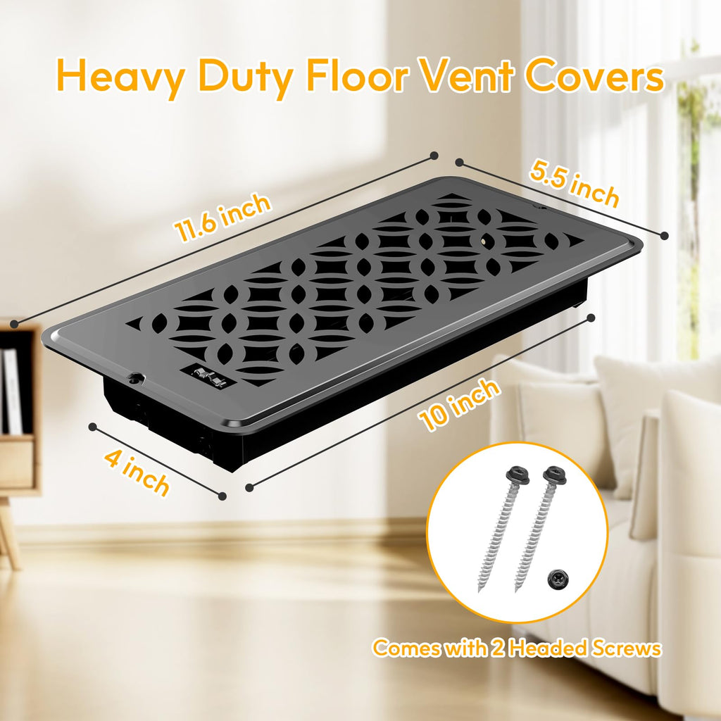 MMFSF 2 Pack Floor Vent Covers - Adjustable Decorative Floor Register 4x10, Heavy-Duty Steel, Rust-Proof Black