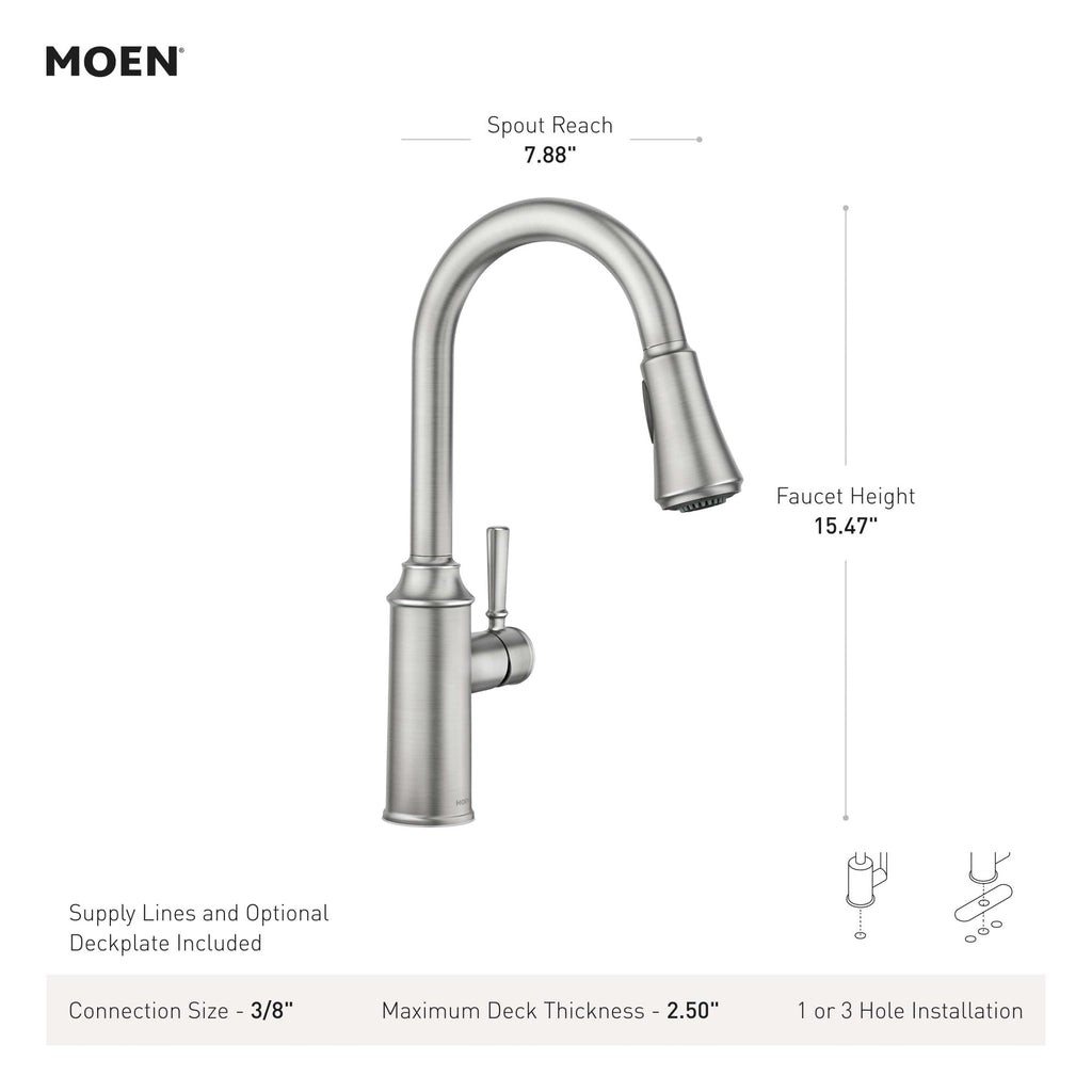 Moen Conneaut One-Handle Pulldown Kitchen Faucet with Reflex Docking and Power Clean - Spot Resist Stainless 87801SRS