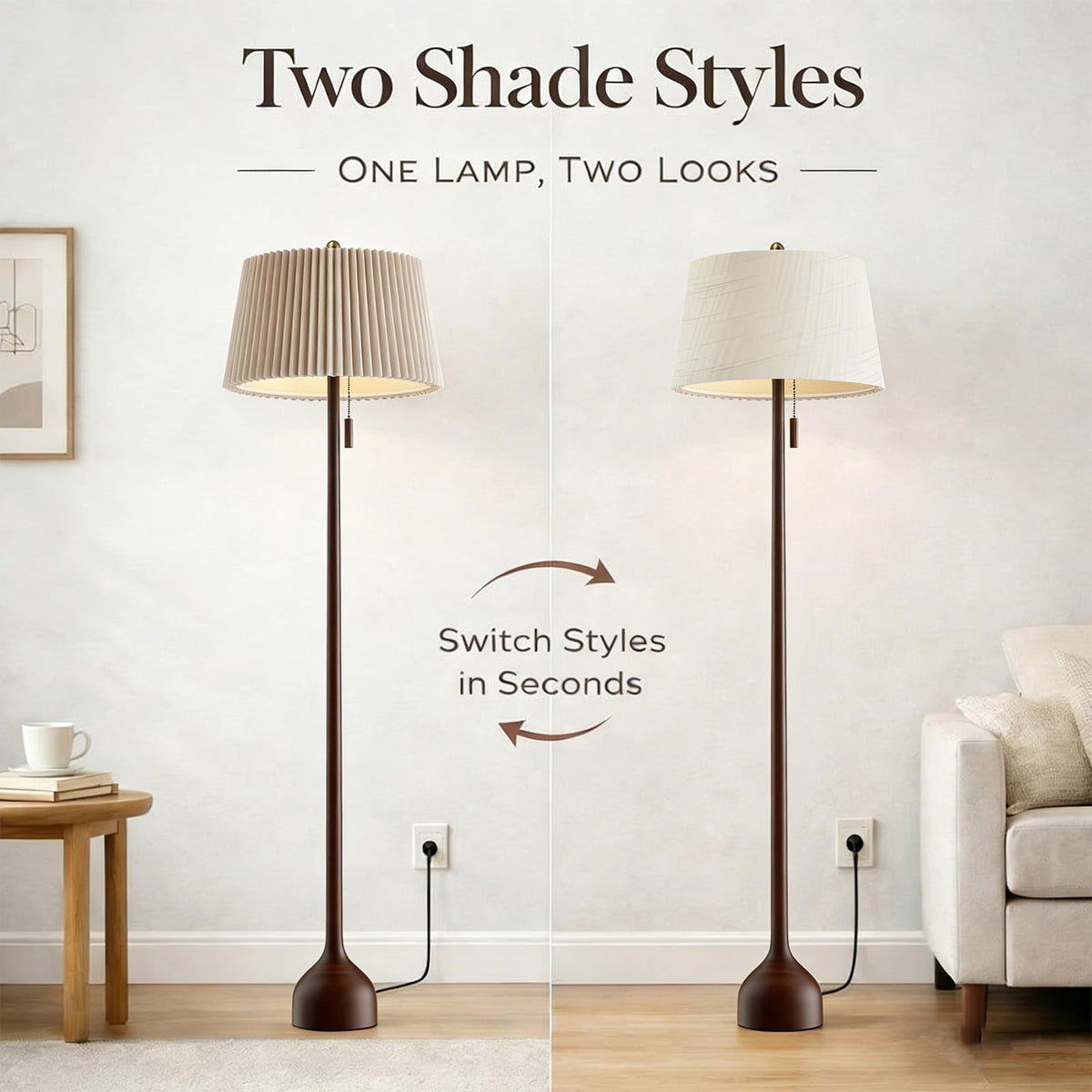 MOFFE 65-Inch Mid-Century Floor Lamp with Dual Shades | Teardrop Base, Solid Oak Wood