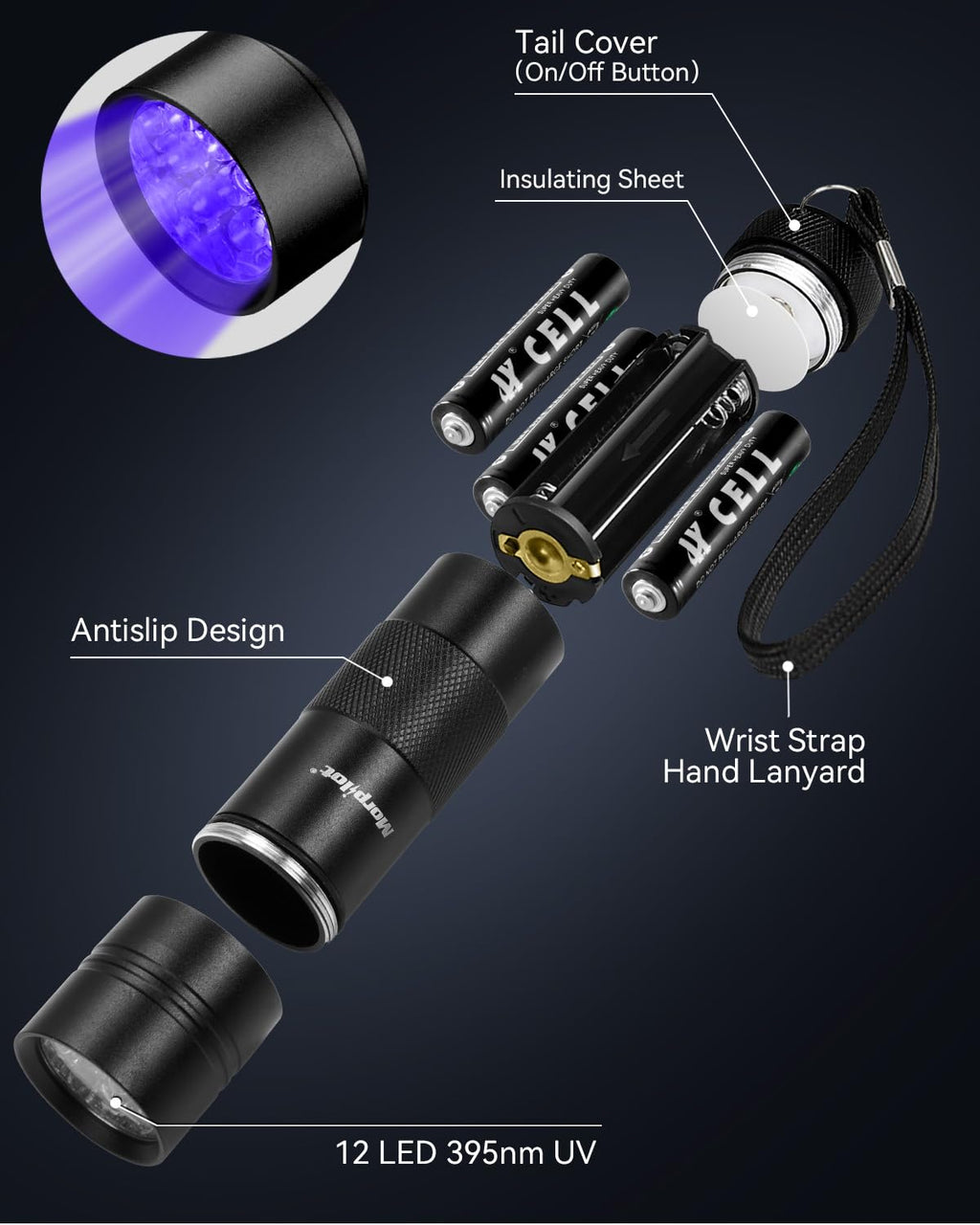 Morpilot 395nm UV Black Light Flashlight — 4-Pack with 12 LEDs for Pet Urine & Stain Detection