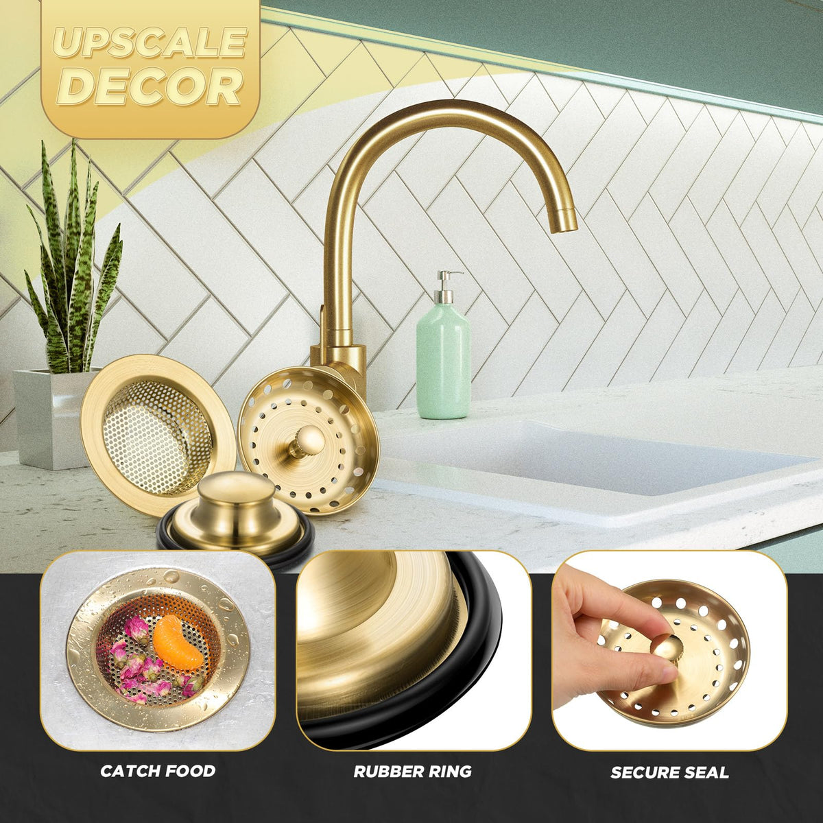 Mudder 3 Pcs Kitchen Sink Strainer Set – Brushed Gold Stainless Steel, Universal Fit