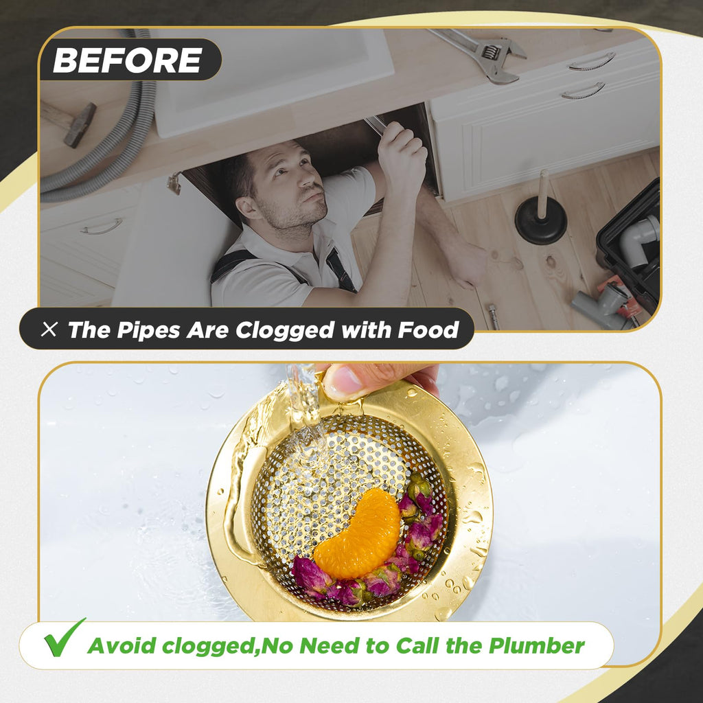Mudder 3 Pcs Kitchen Sink Strainer Set – Brushed Gold Stainless Steel, Universal Fit