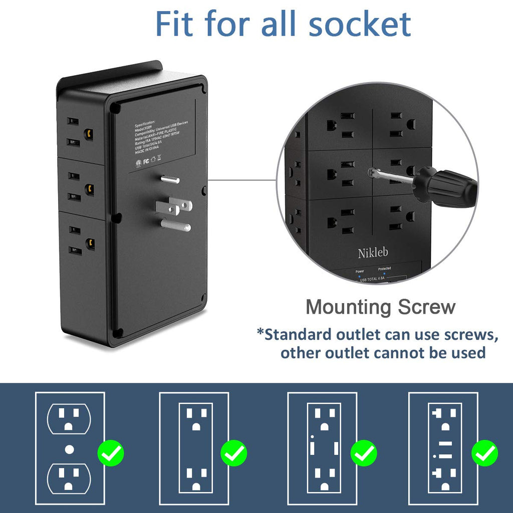 Nikleb Surge Protector Wall Charger – 12 Outlets + 4 USB Ports, Wall Mount Power Strip