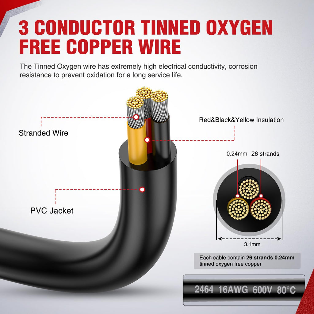Nilight 30ft 16AWG 3-Conductor Wire – Oxygen-Free Copper, 600V DC