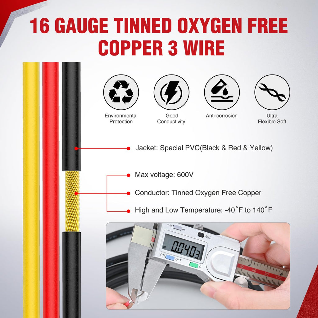 Nilight 30ft 16AWG 3-Conductor Wire – Oxygen-Free Copper, 600V DC