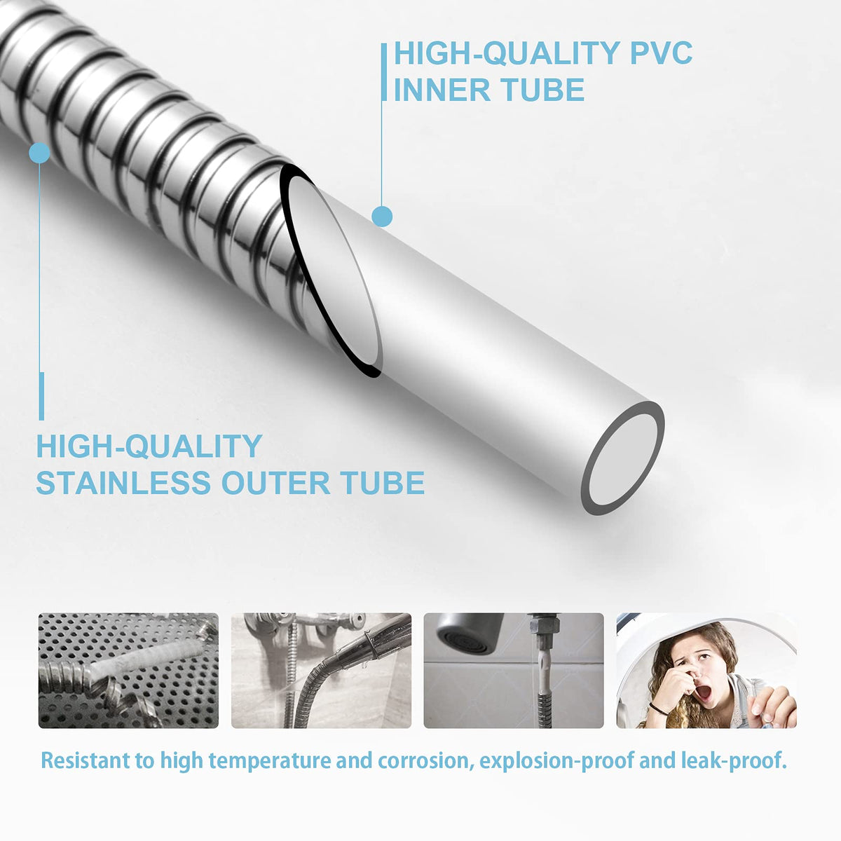 OFFO Shower Hose 120 in – Kink-Free Stainless Steel, Brass Insert, Chrome