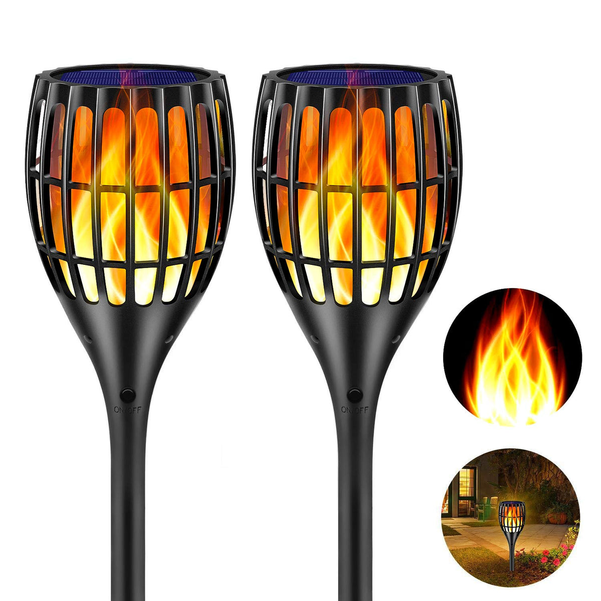 Ollivage Solar Torch Lights - 43-Inch Flame-Effect, Waterproof, Dusk-to-Dawn Auto On/Off, 2 Pack