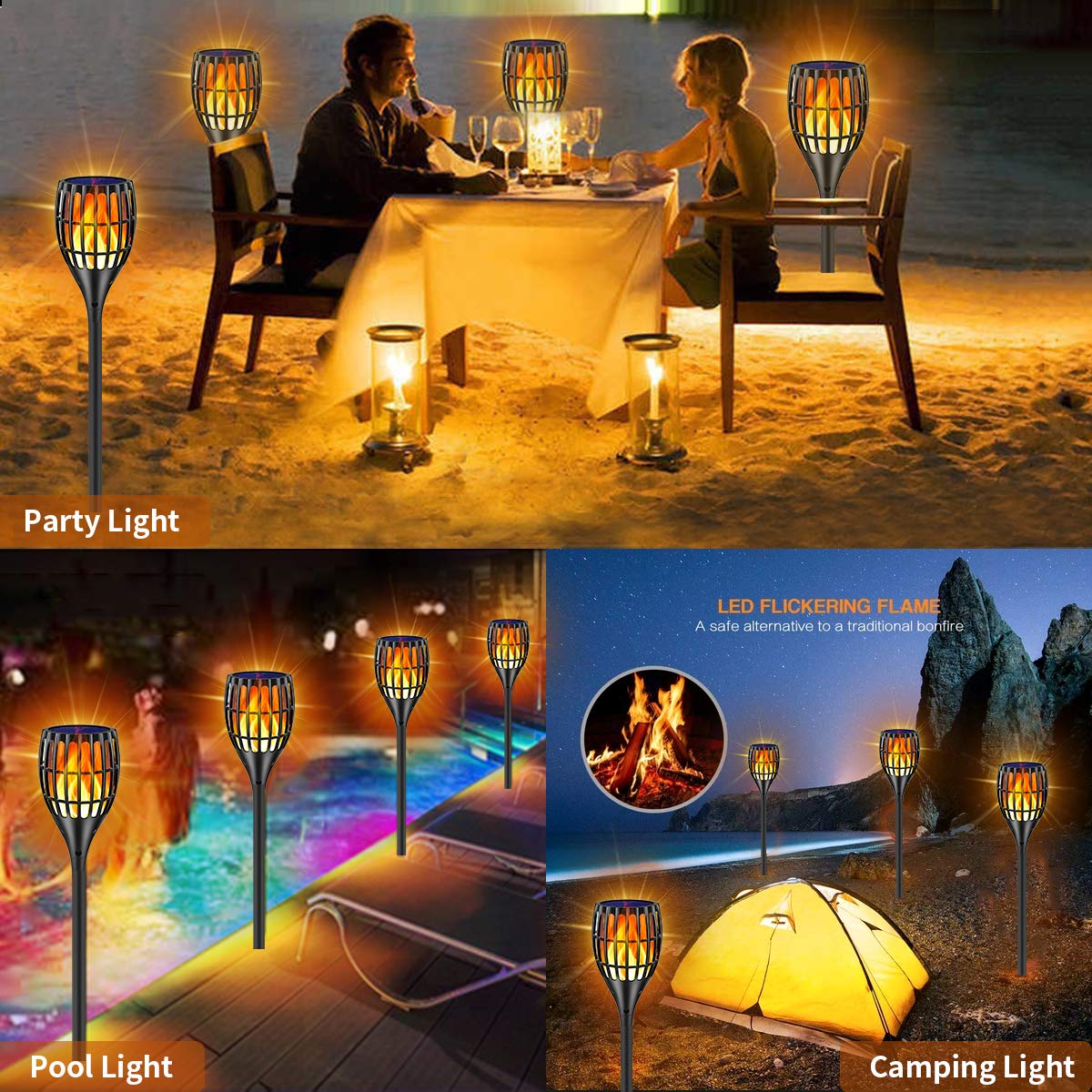 Ollivage Solar Torch Lights - 43-Inch Flame-Effect, Waterproof, Dusk-to-Dawn Auto On/Off, 2 Pack