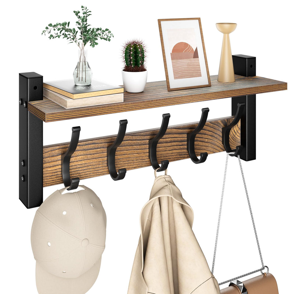 Optish Coat Rack Wall Mount with Shelf – 17.1 Inch, 5 Hooks, Vintage Brown