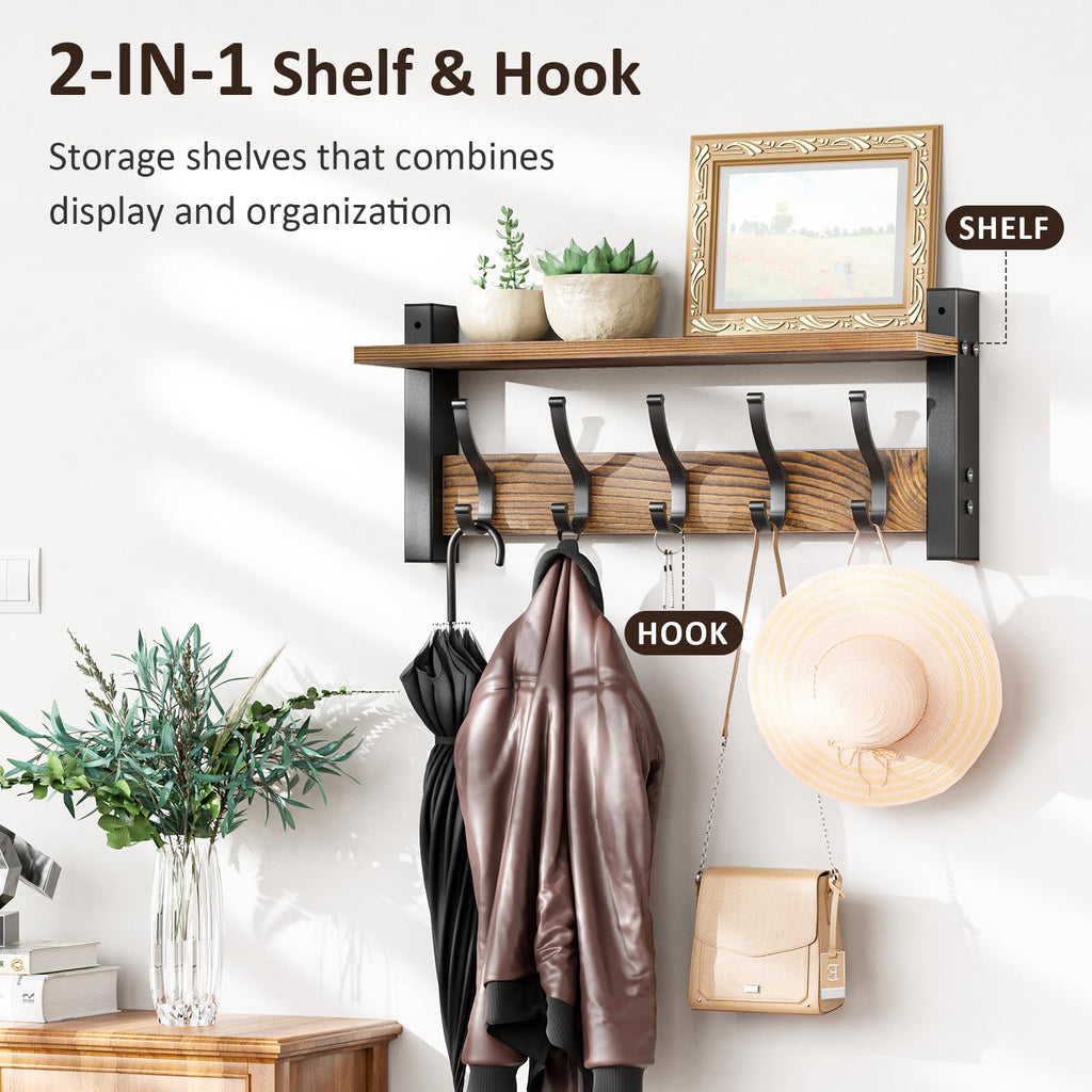 Optish Coat Rack Wall Mount with Shelf – 17.1 Inch, 5 Hooks, Vintage Brown