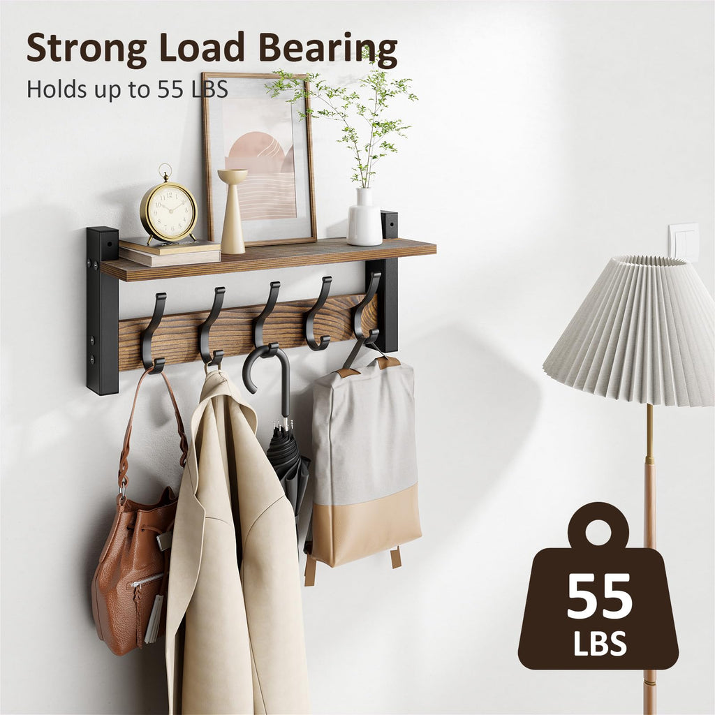 Optish Coat Rack Wall Mount with Shelf – 17.1 Inch, 5 Hooks, Vintage Brown