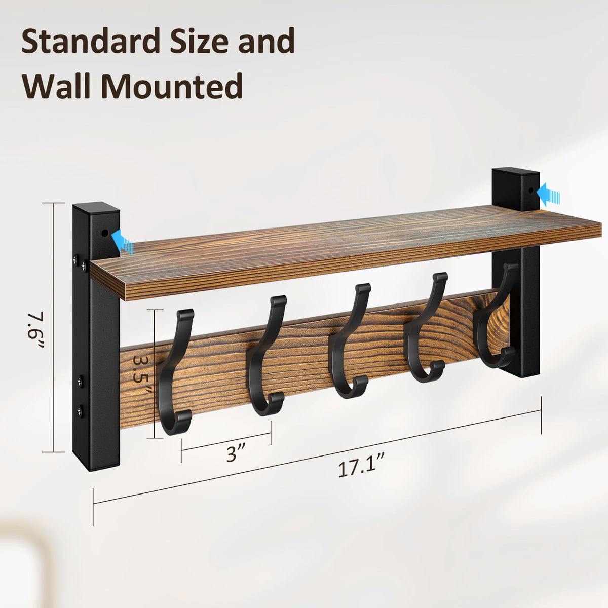 Optish Coat Rack Wall Mount with Shelf – 17.1 Inch, 5 Hooks, Vintage Brown