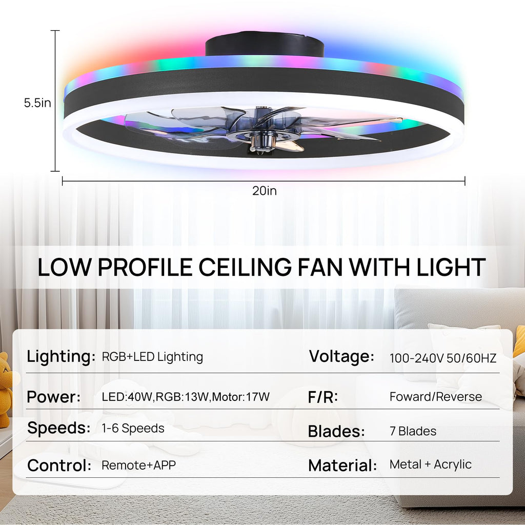 ORITHAM RGB Ceiling Fan with Light - 20-inch Fandelier Low Profile, Remote & App Control, Black
