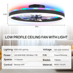 ORITHAM RGB Ceiling Fan with Light - 20-inch Fandelier Low Profile, Remote & App Control, Black