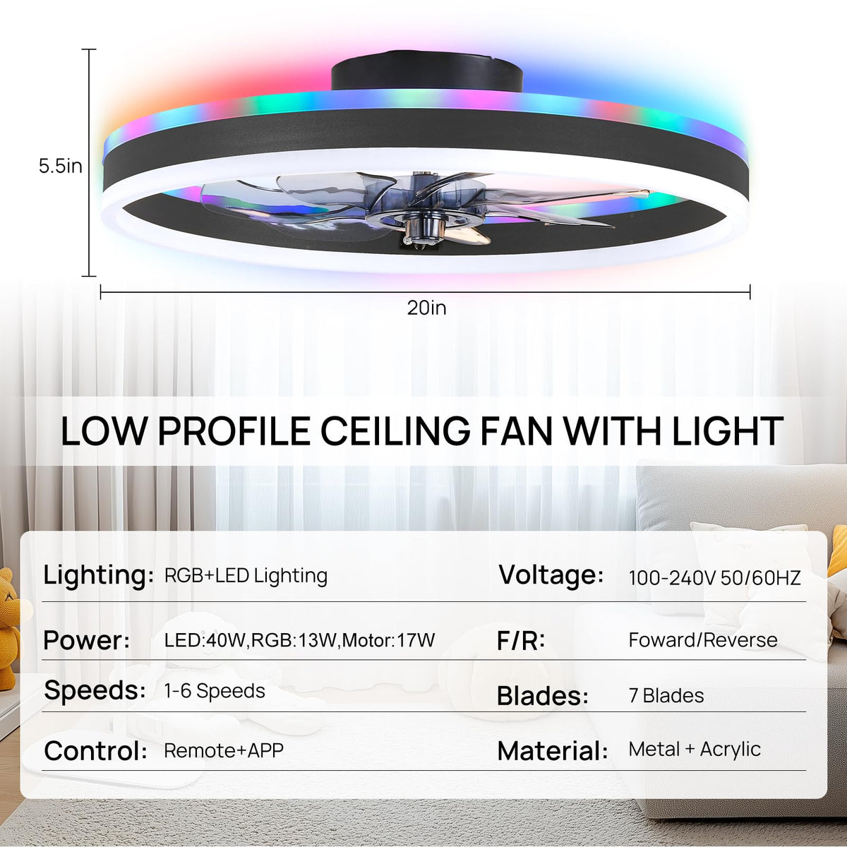 ORITHAM RGB Ceiling Fan with Light - 20-inch Fandelier Low Profile, Remote & App Control, Black
