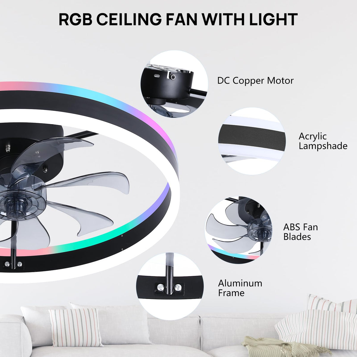 ORITHAM RGB Ceiling Fan with Light - 20-inch Fandelier Low Profile, Remote & App Control, Black