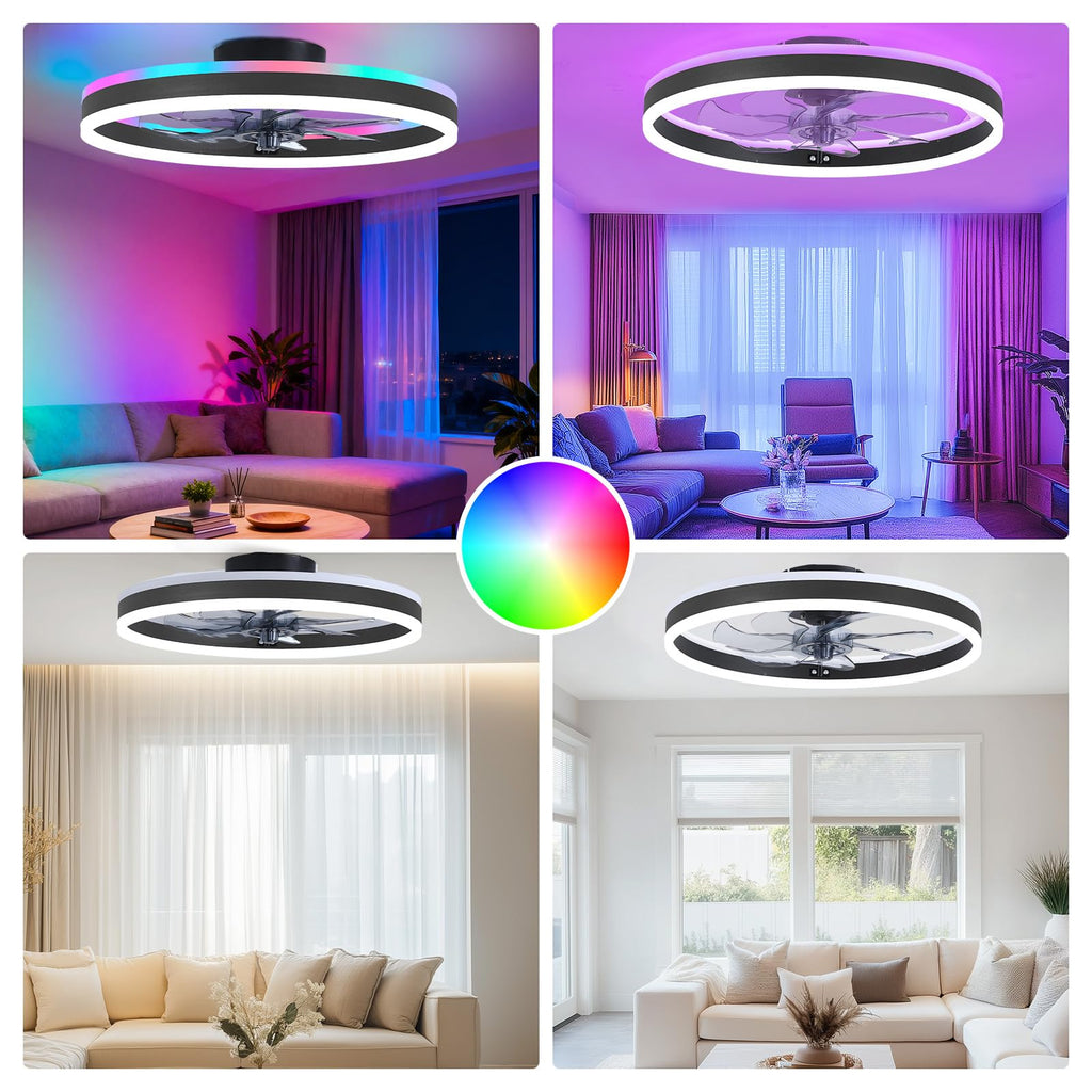 ORITHAM RGB Ceiling Fan with Light - 20-inch Fandelier Low Profile, Remote & App Control, Black