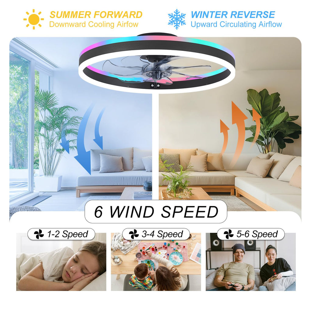 ORITHAM RGB Ceiling Fan with Light - 20-inch Fandelier Low Profile, Remote & App Control, Black