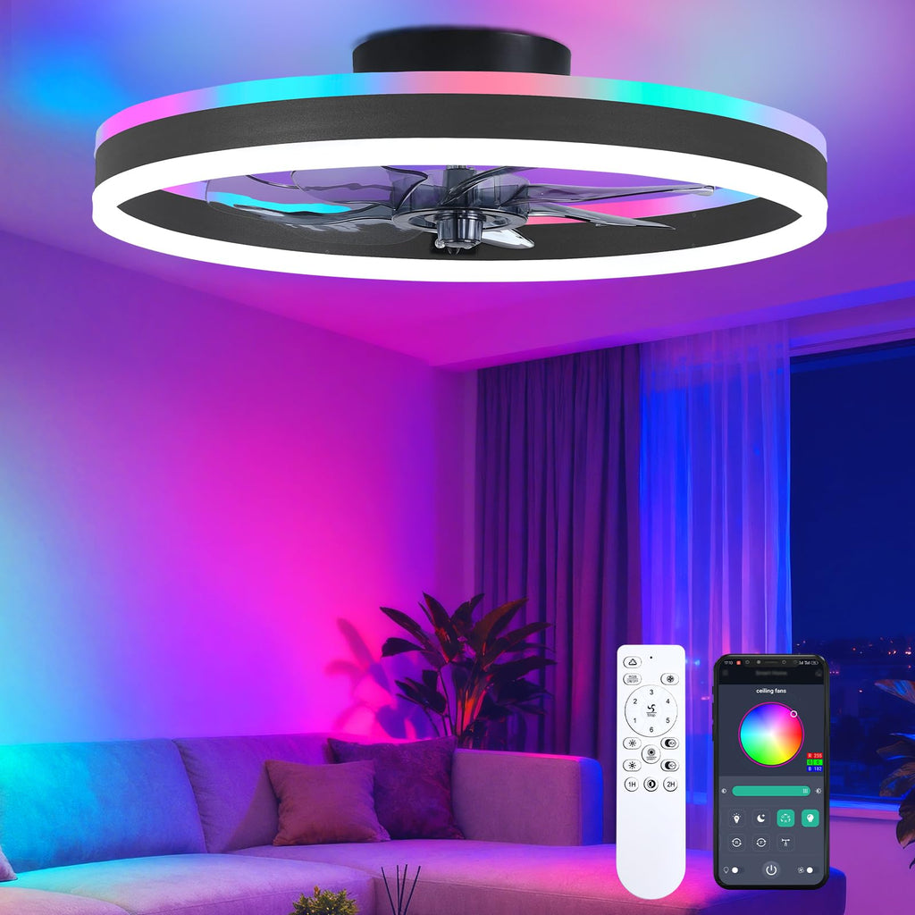 ORITHAM RGB Ceiling Fan with Light - 20-inch Fandelier Low Profile, Remote & App Control, Black