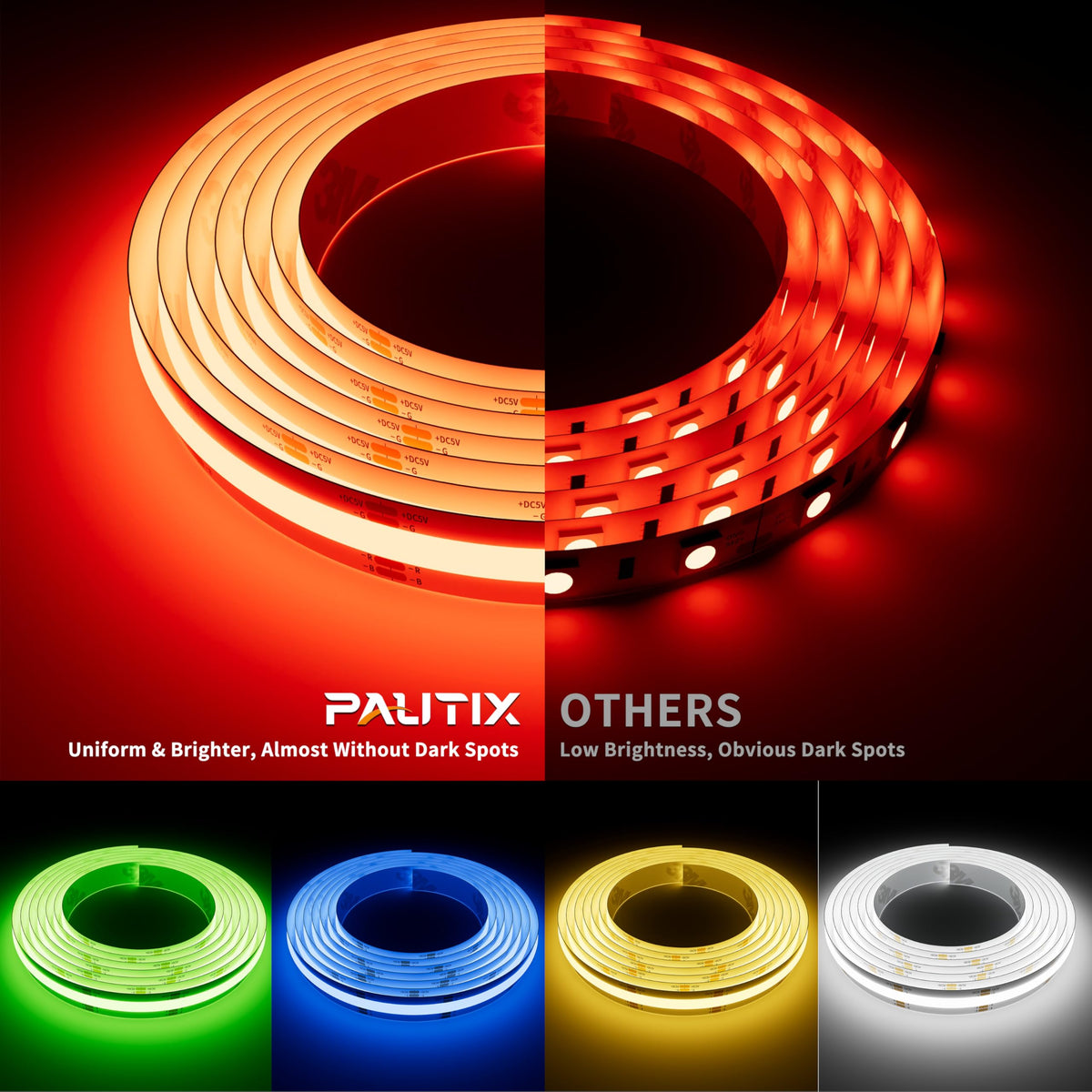 PAUTIX 5V USB COB RGB LED Strip Light — 9.84ft RGB Backlight, Bluetooth Control, Cuttable & Flexible
