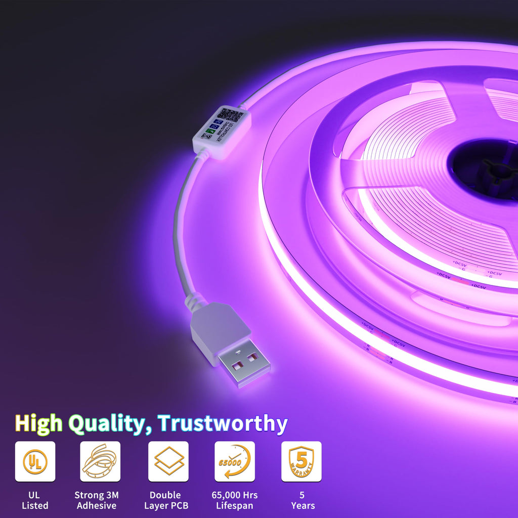 PAUTIX 5V USB COB RGB LED Strip Light — 9.84ft RGB Backlight, Bluetooth Control, Cuttable & Flexible