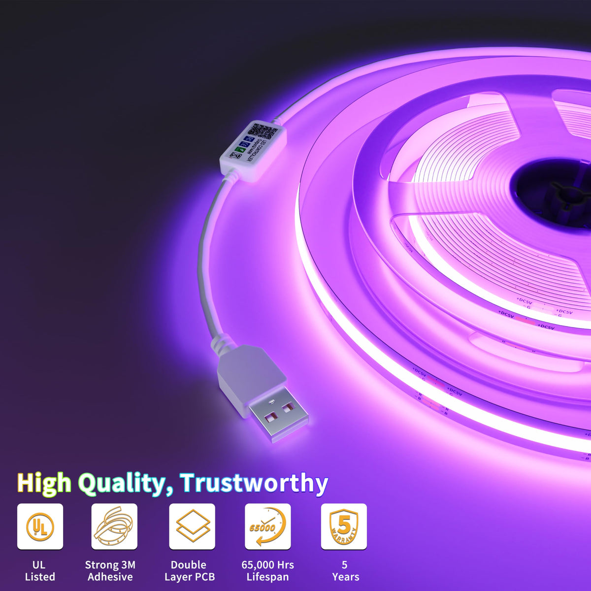 PAUTIX 5V USB COB RGB LED Strip Light — 9.84ft RGB Backlight, Bluetooth Control, Cuttable & Flexible