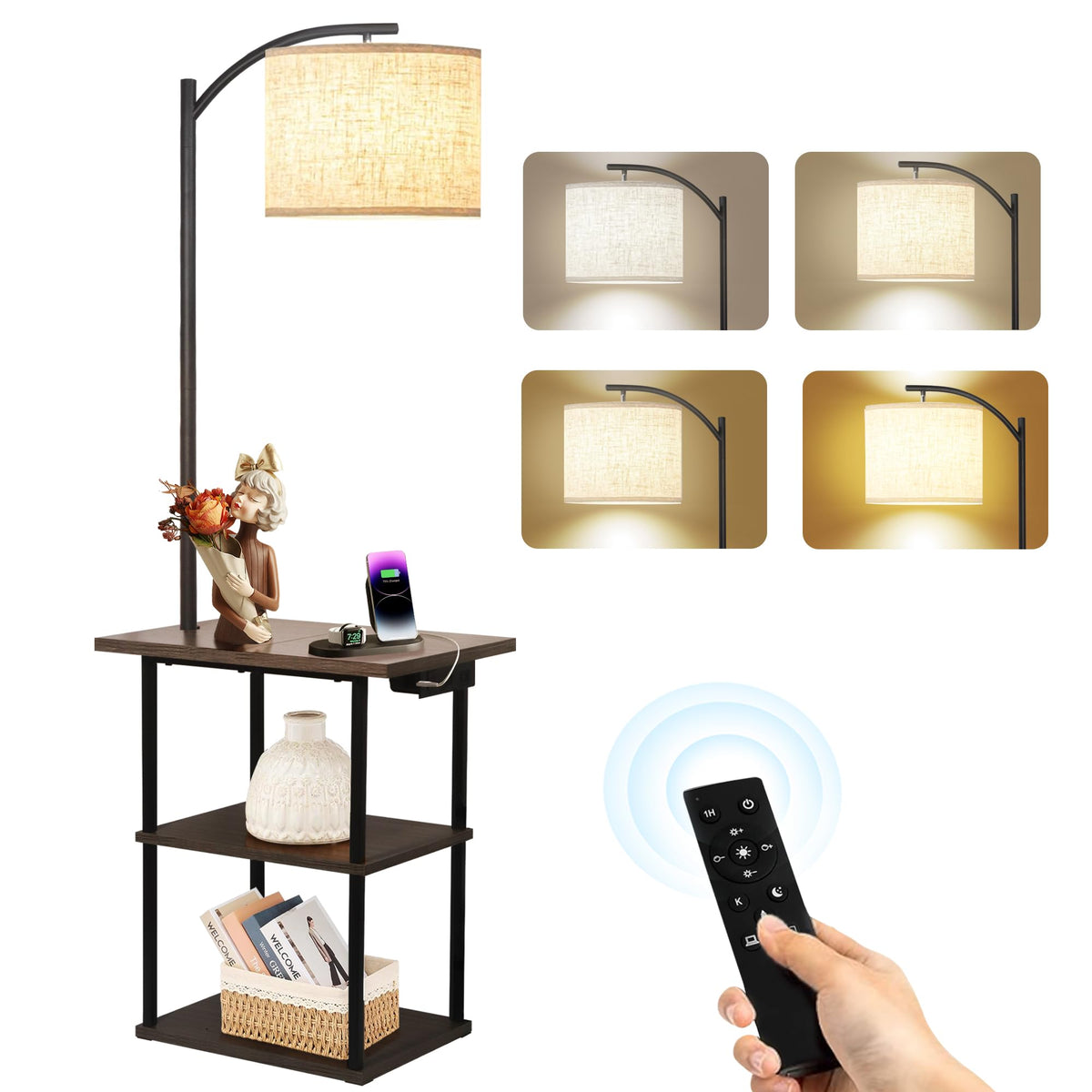 PESRAE Floor Lamp with Remote and USB-C Charging End Table — Adjustable 3000K-6000K Lighting