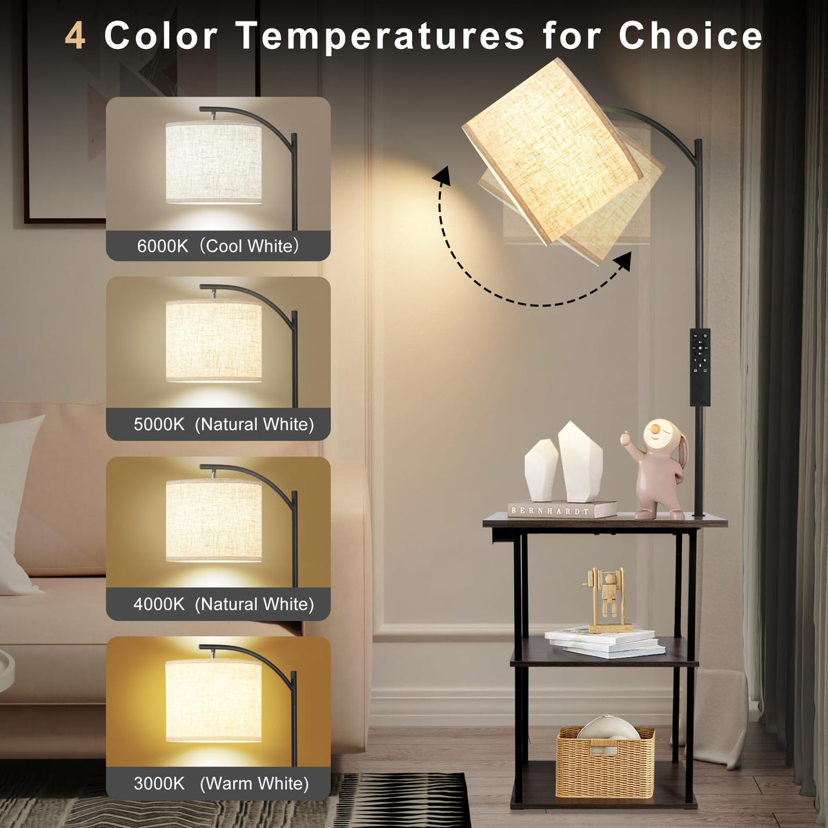 PESRAE Floor Lamp with Remote and USB-C Charging End Table — Adjustable 3000K-6000K Lighting