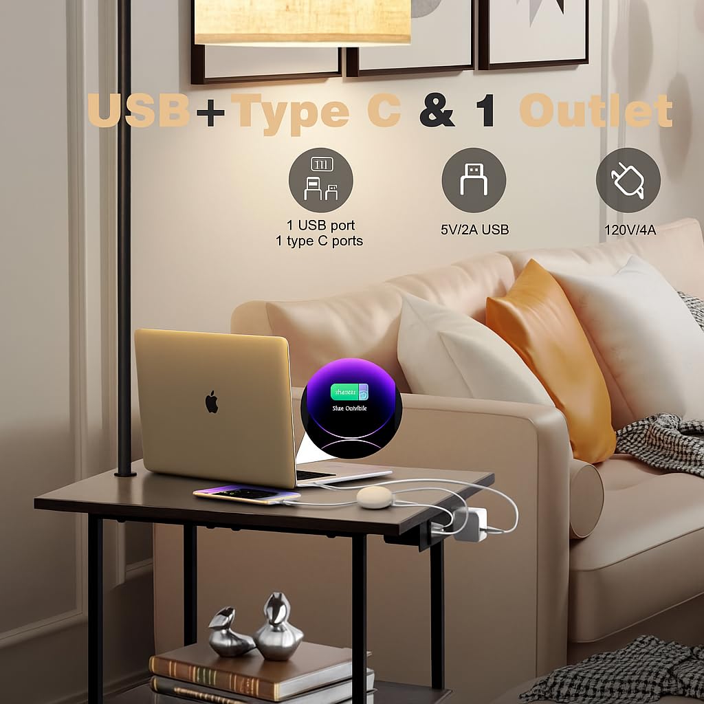 PESRAE Floor Lamp with Remote and USB-C Charging End Table — Adjustable 3000K-6000K Lighting