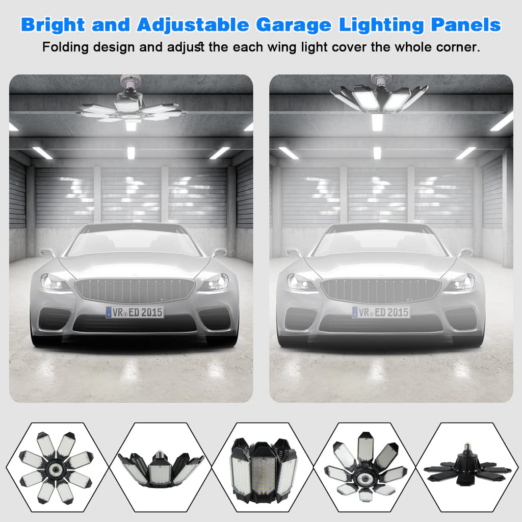 POLARPRA 200W 8-Panel Deformable Garage Lights – 6500K LED, E26/E27, 4-Pack