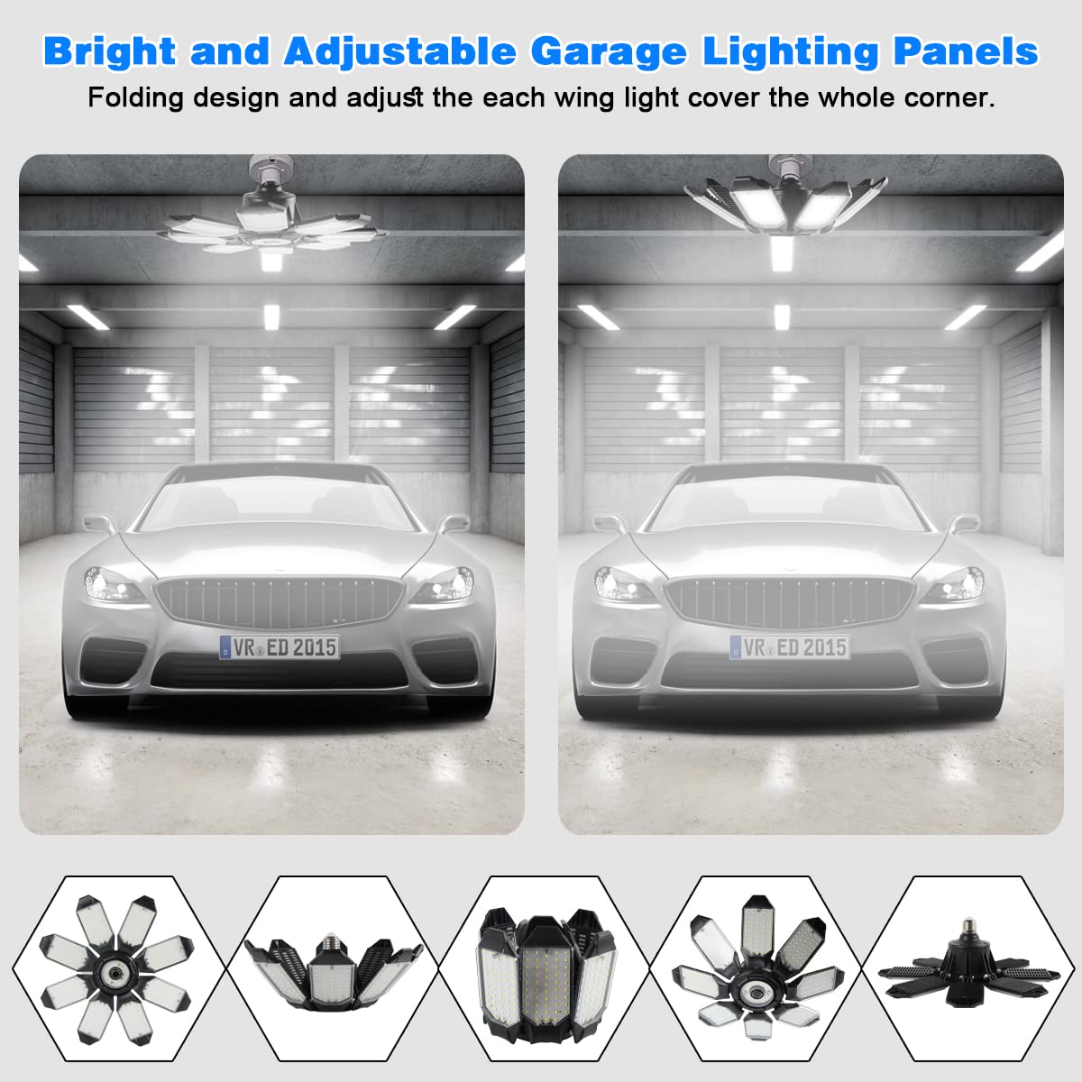 POLARPRA 200W 8-Panel Deformable Garage Lights – 6500K LED, E26/E27, 4-Pack