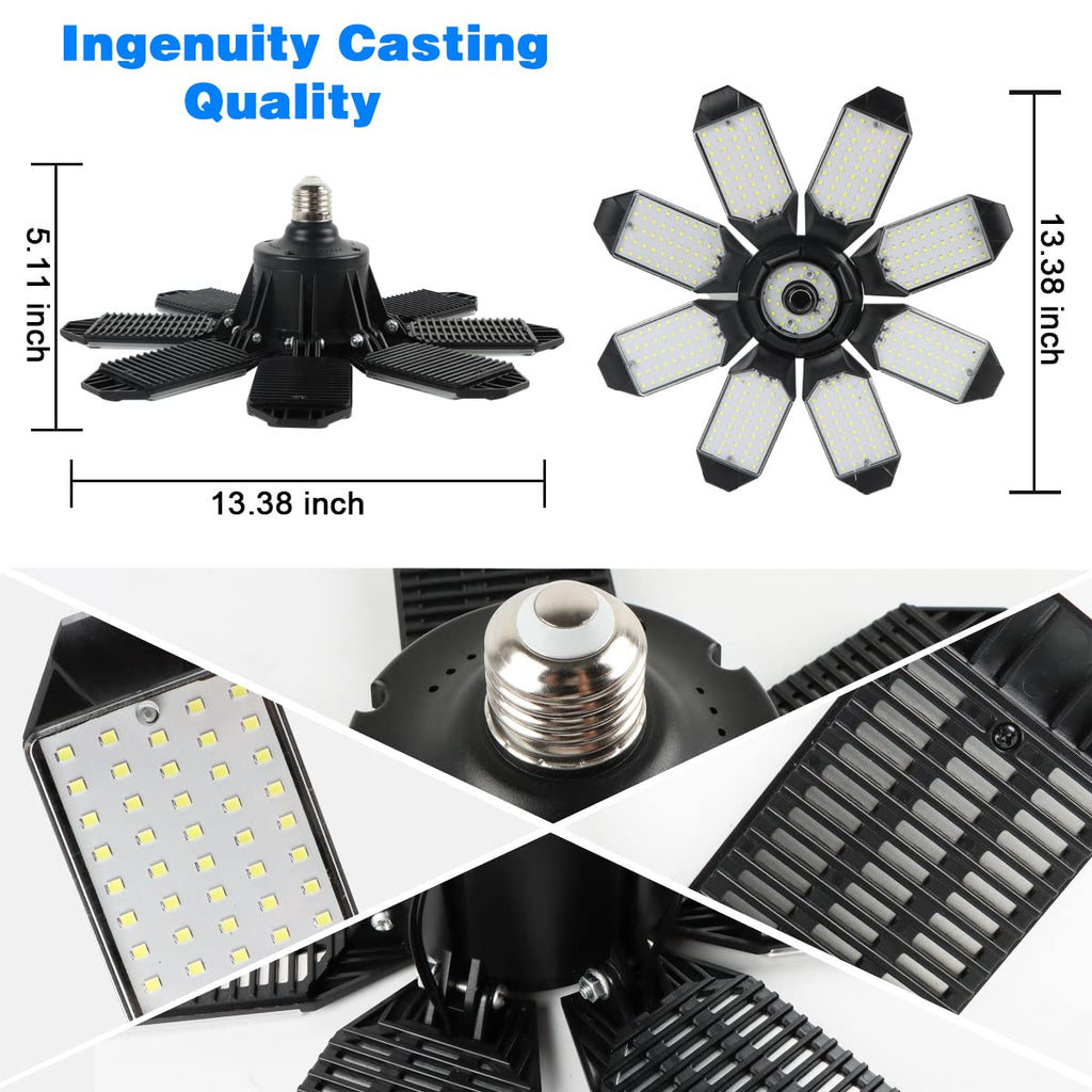 POLARPRA 200W 8-Panel Deformable Garage Lights – 6500K LED, E26/E27, 4-Pack