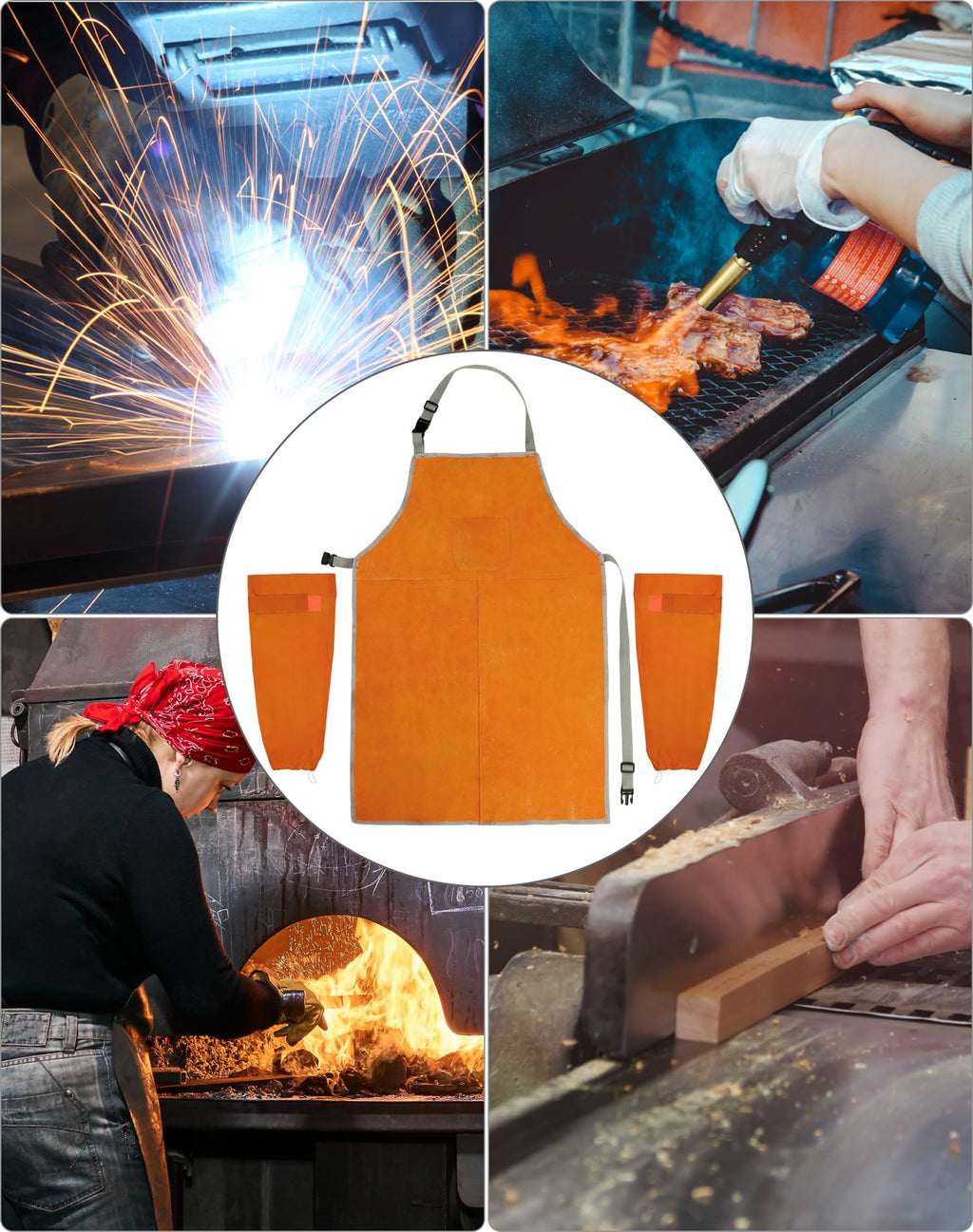QWORK Welding Apron & Sleeves Set – Heat-Resistant Leather, Front Pockets, Adjustable Comfort
