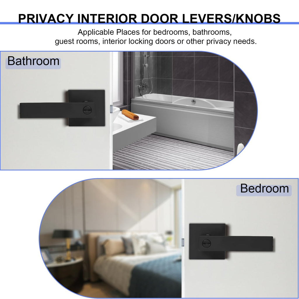 RAZCC Privacy Interior Door Lever – Matte Black Square Door Handle for Bedroom & Bathroom (1 Pack)