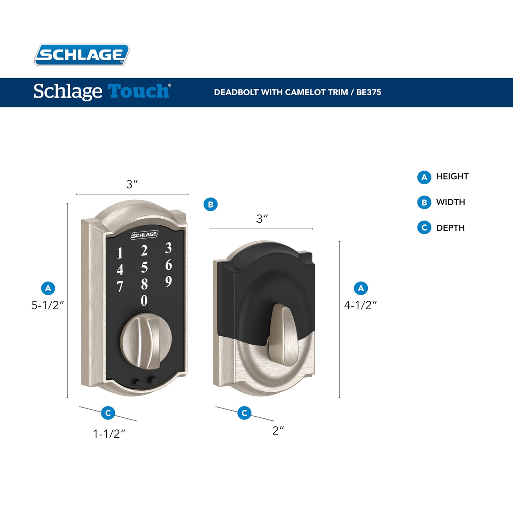 Schlage BE375 CAM 619 Camelot Touchscreen Deadbolt – Keyless Entry Lock, Satin Nickel | SCHLAGE