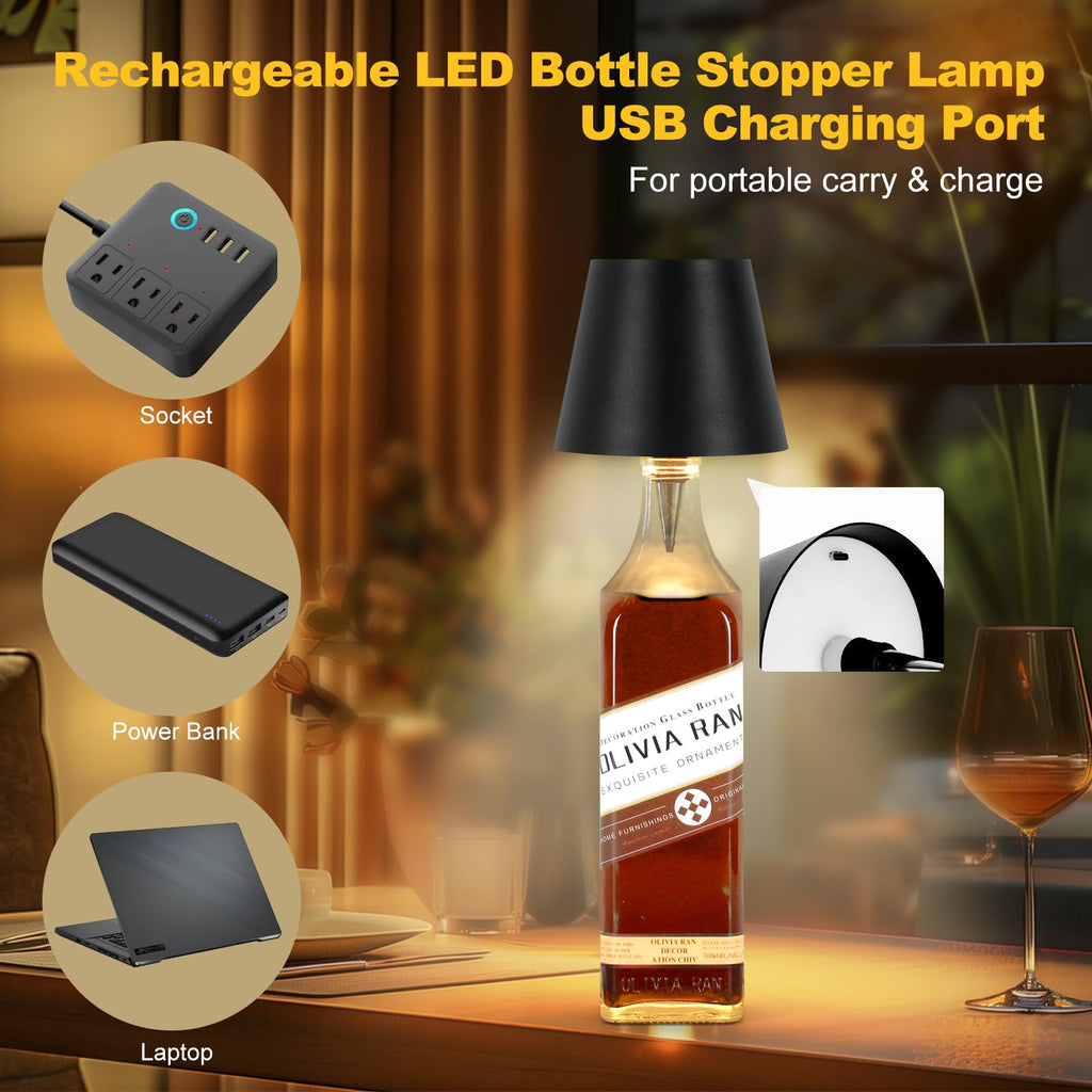 SOUDFK Wireless Bottle Lamp – 3-Color USB-C Rechargeable Light (Black)