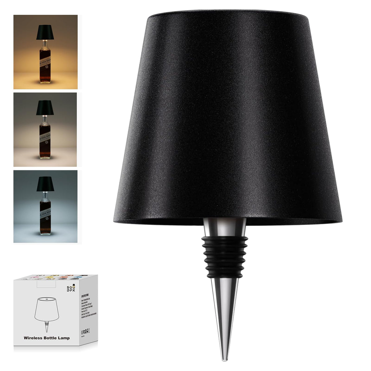 SOUDFK Wireless Bottle Lamp – 3-Color USB-C Rechargeable Light (Black)