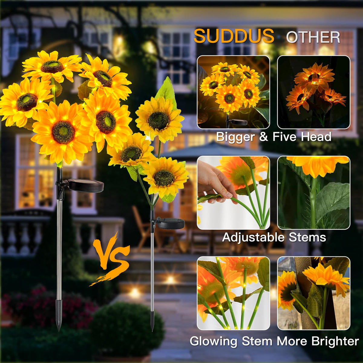 suddus Sunflower Lights – Outdoor Solar Garden Lights (2-Pack) with Real-Looking Sunflowers