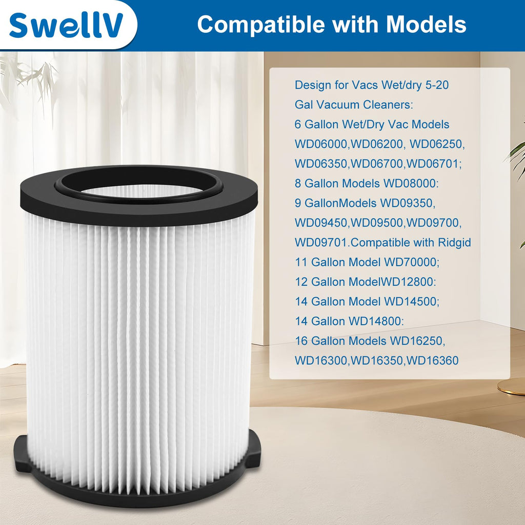 SwellV VF4000 Replacement Filter (VF4000-2P) – 2-Pack for 5-20 Gallon Wet/Dry Vacs & Husky 6-9 Gal