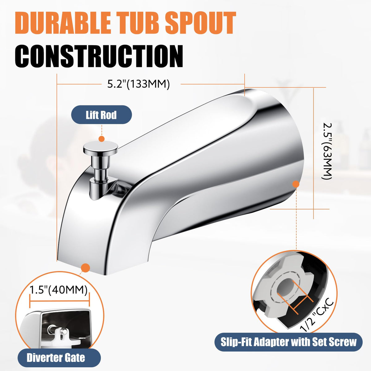 TEVIORA Tub Spout with Pull-Down Diverter – Slip-Fit 1/2" Copper, Easy DIY Install, Chrome