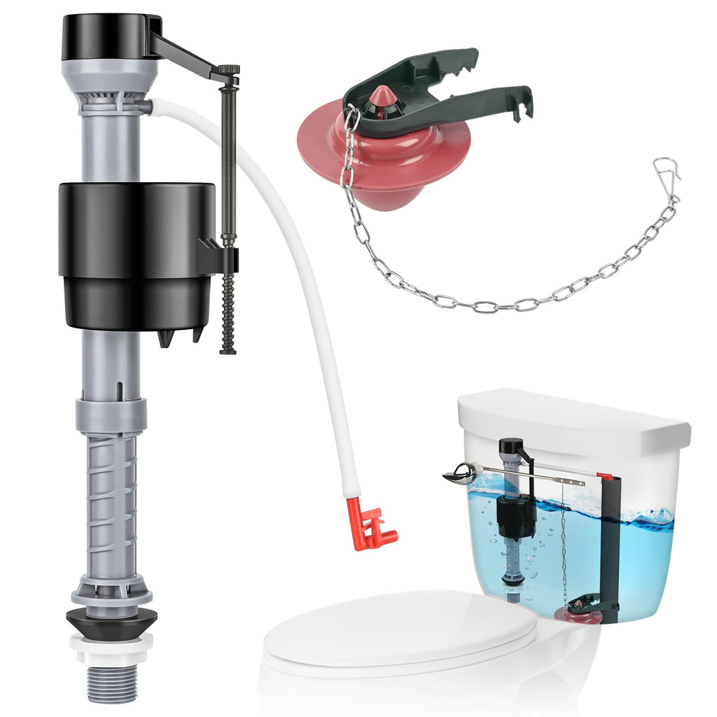 TEVIORA Universal Toilet Flusher Replacement Kit — Adjustable Fill Valve, 2-Inch Flapper, Red